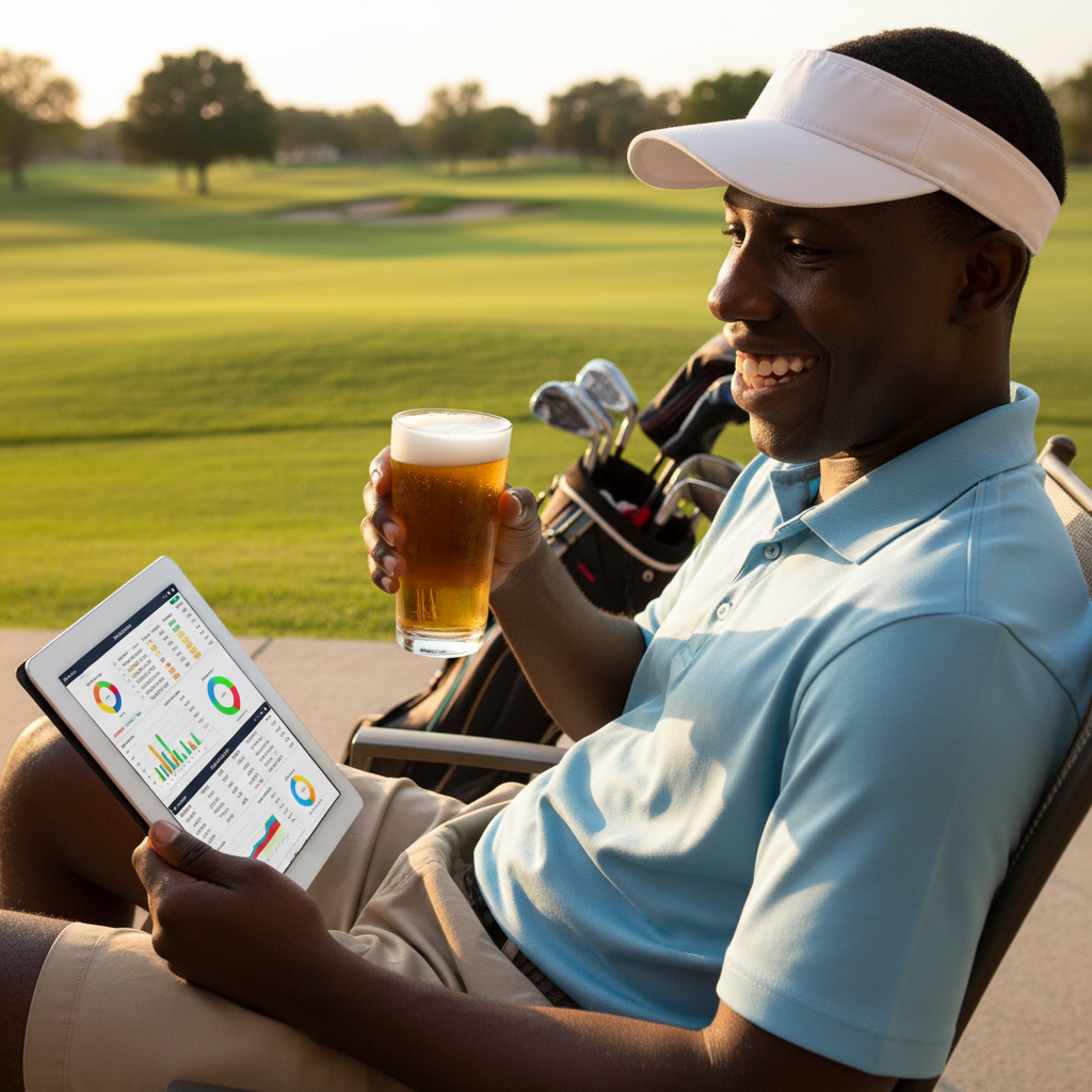 Golfer relaxing at the course with a cold beer reviewing golf stats on a tablet