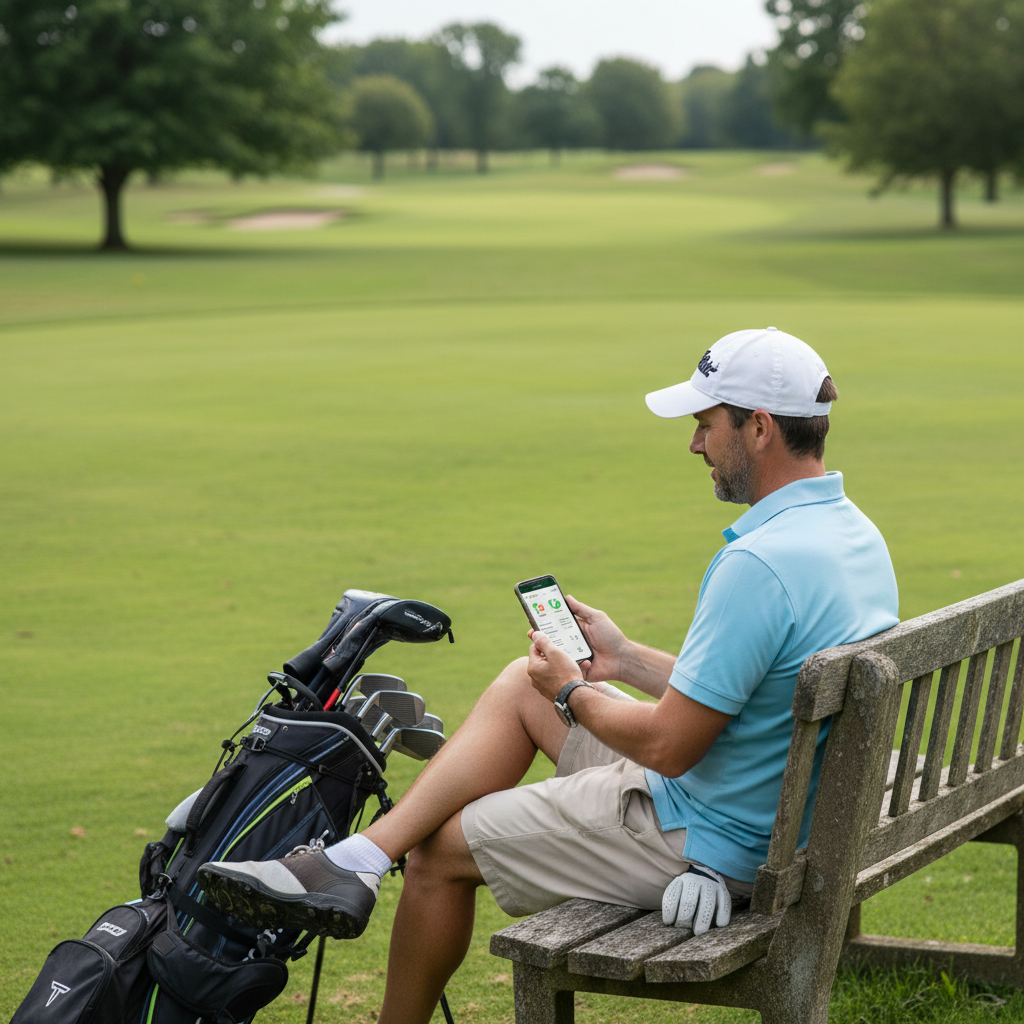 Golfer casually reviewing golf stats on a phone while sitting on a bench near the fairway